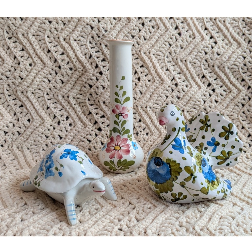 Hand Painted European Ceramic Trio Bird‎ Coin Bank Turtle Trinket Box Bud Vase